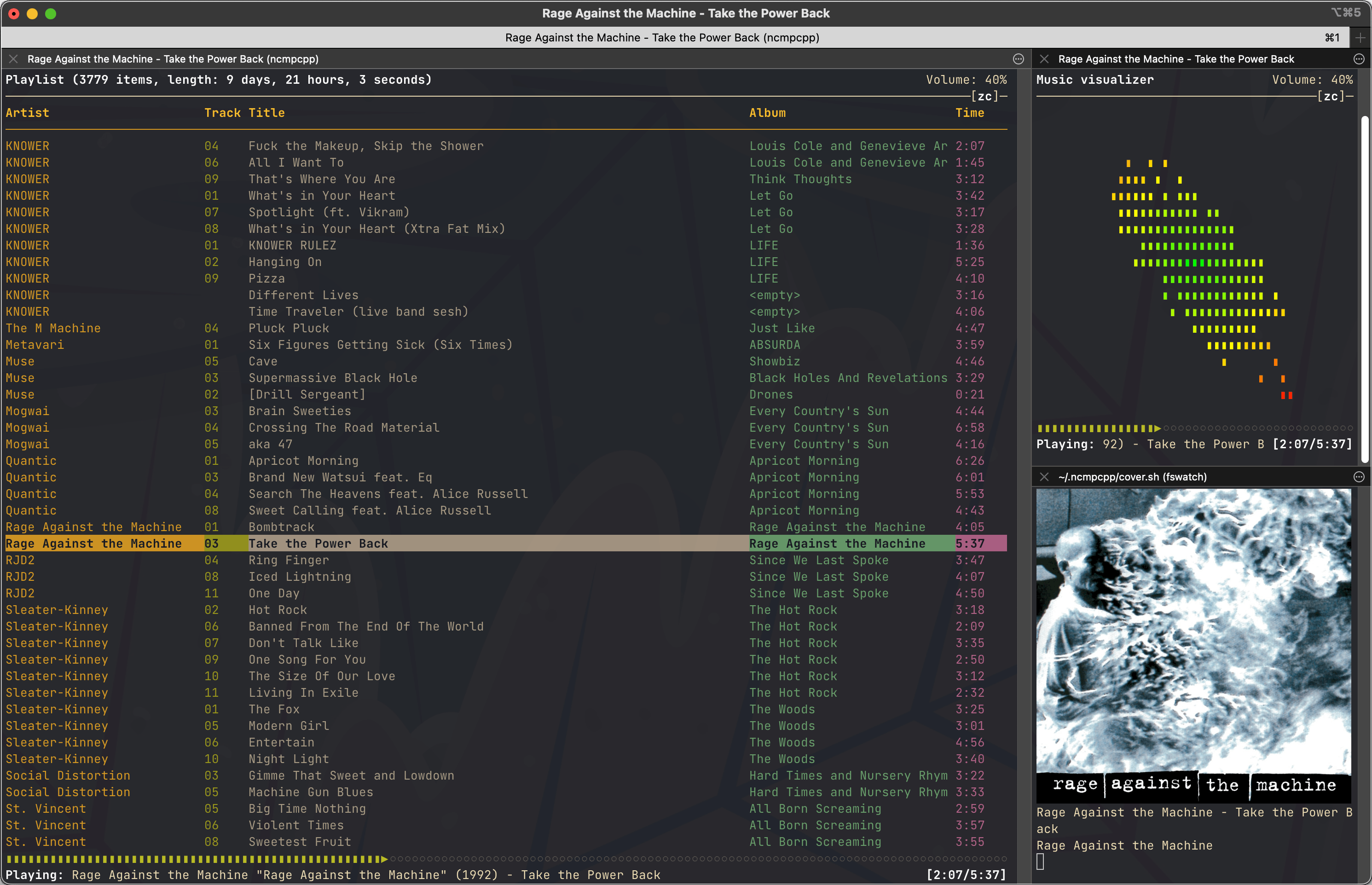 a screenshot of a command-line based music player showing a playlist with 'Take the Power Back' by Rage Against the Machine highlighted, a green -> red linear spectrogram visualizer, and the album cover for the Rage Against the Machine album showing a black and white photo of Thích Quảng Đức self-immolating in protest of the South Vietnamese government of 1963